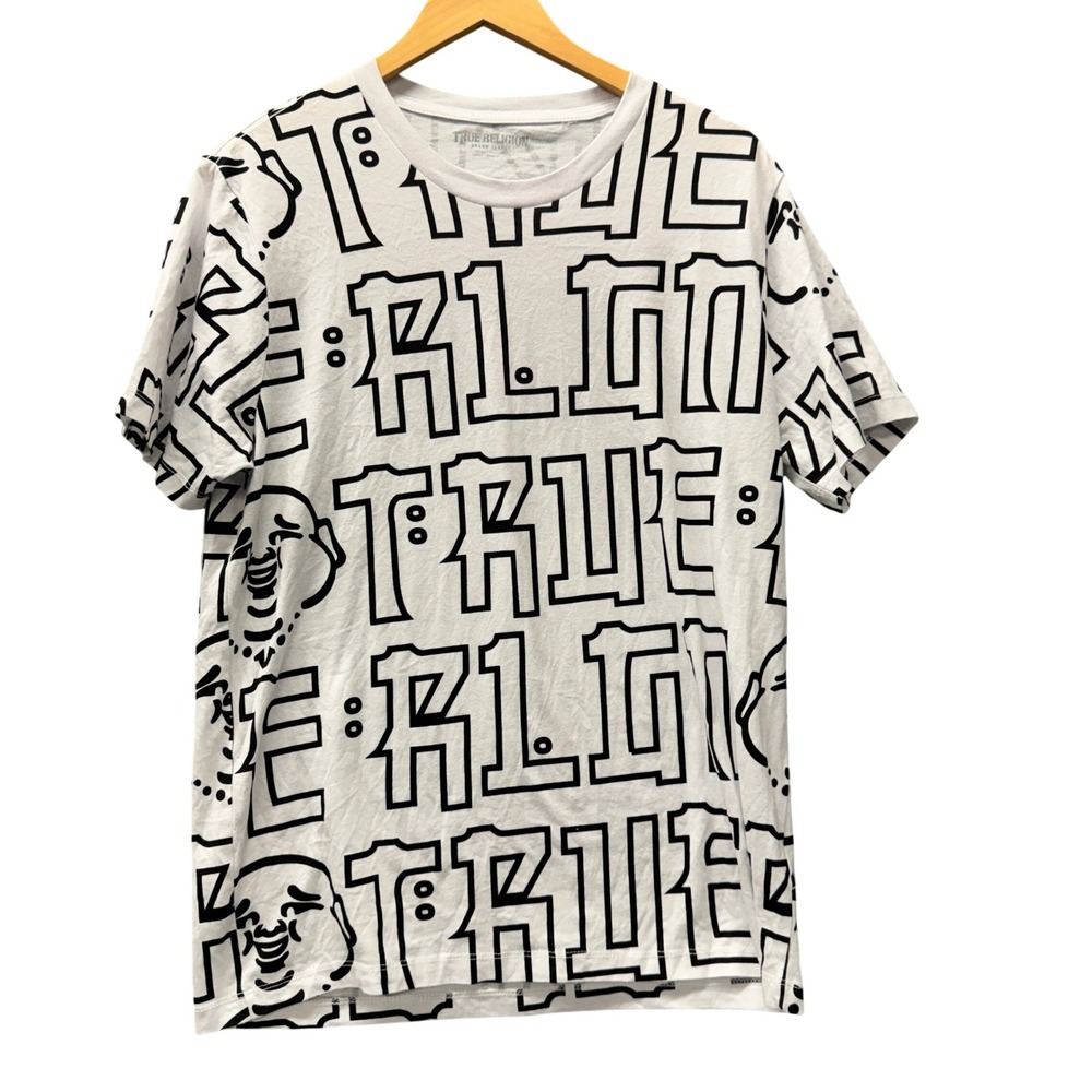 True Religion T-Shirt Mens Large Buddha All Over White Graphic Tee